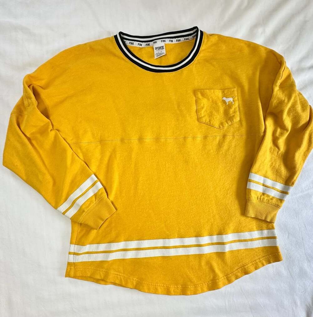 PINK Victoria's Secret Yellow Long Sleeve Shirt with Pocket and Stripes Size L